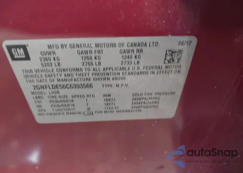 2012 Chevrolet Equinox 1Lt from USA, damaged, VIN 2GNFLDE56C6393566